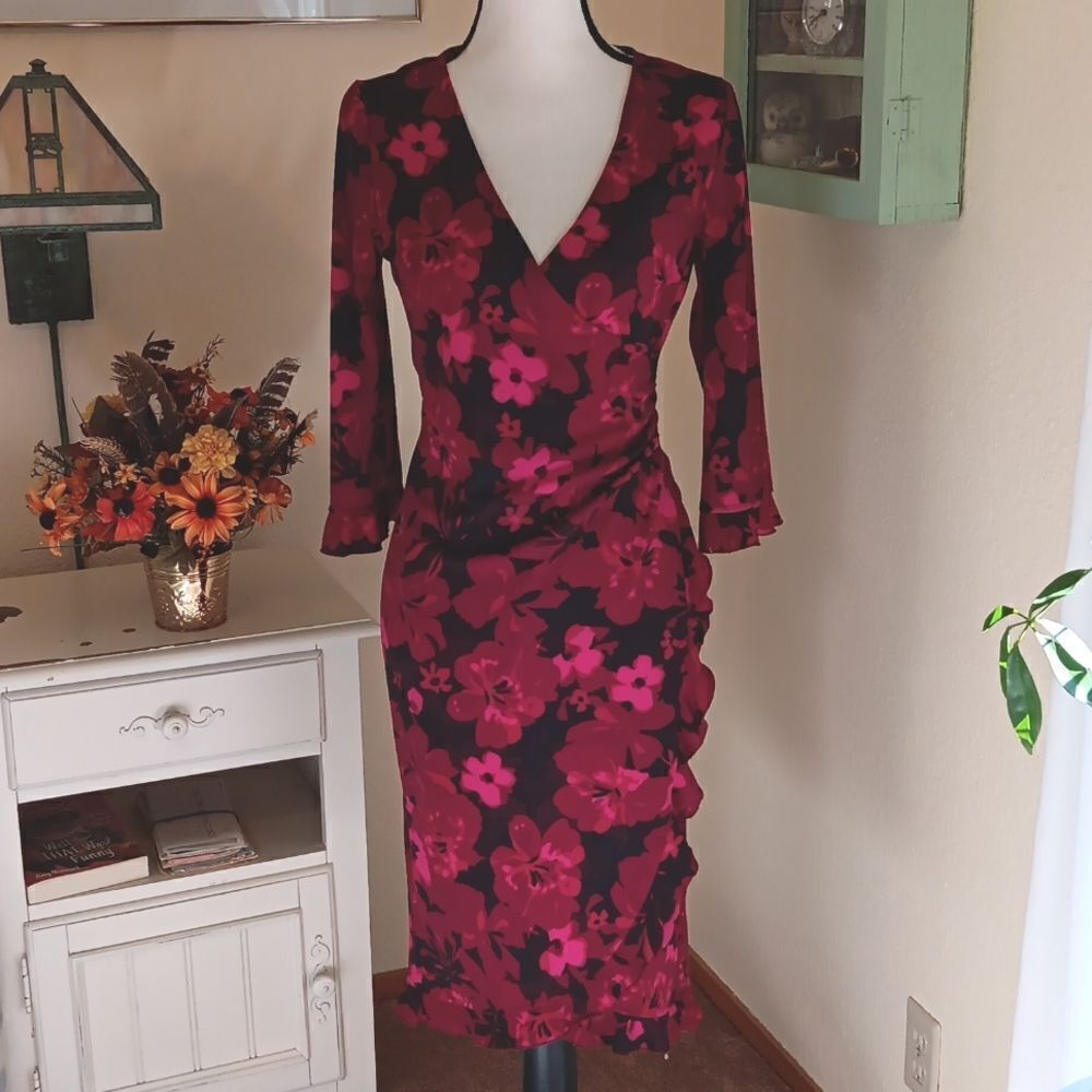 jonathan martin Black Dress with Red and Pink Floral Print